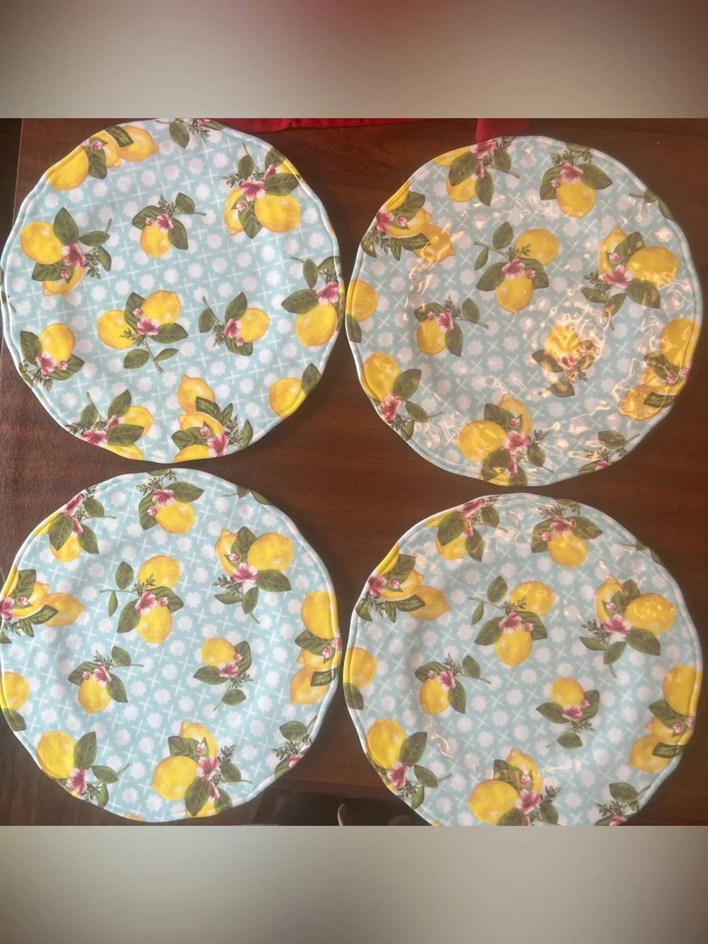 Shabby Chic Melamine Lemon Floral Plate Set of 8 Dinner & Salad Yellow Grn Blue